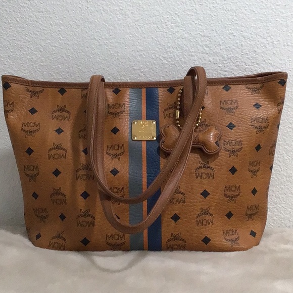 MCM #H5822 Vintage Visetos Blue Stripes Monogram Small Tote Bag  EUC Cognac - Picture 1 of 16